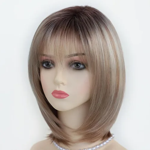 Miniatura 2 de RENERSHOW Pelucas rubias en capas para mujeres blancas con flequillo, peluca de pelo corto lacio, peluca sintética de color rubio degradado