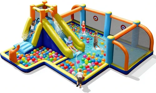 Miniatura 11 de BOUNTECH Tobogán acuático inflable, parque acuático para niños, castillo de salto de fútbol acuático con cañones dobles, piscina de salpicaduras