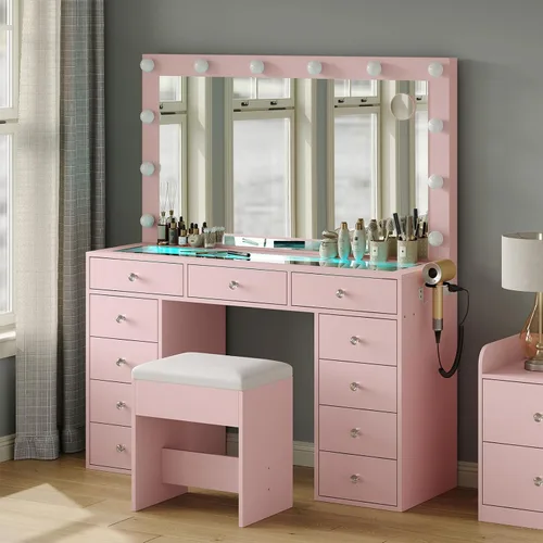 Escritorio de tocador con espejo y luces, escritorio de maquillaje con luces, 3 colores, tocador de vidrio reforzado, tocador de maquillaje con 11