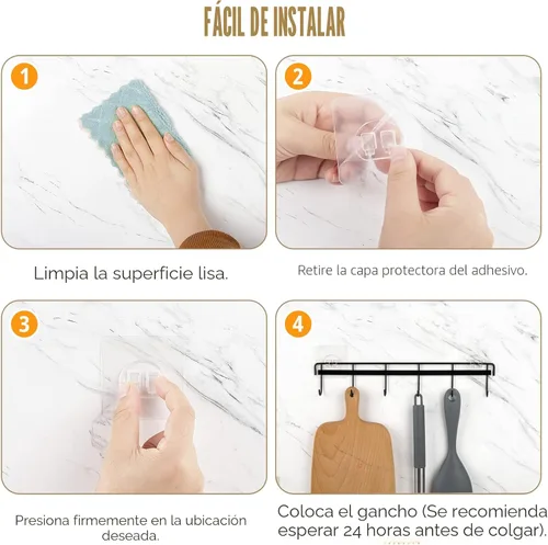 Miniatura 7 de Perchero de Utensilios de Cocina, Soporte de Utensilios Adhesivo de Pared con 12 Ganchos, Ahorro de Espacio y Sin Taladrar, Negro, 2 Piezas