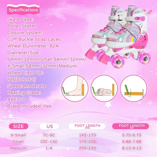 Miniatura 5 de Patines de ruedas Nattork para niños y niñas, patines cuádruples ajustables en 4 tallas para niños con ruedas iluminadas, genial regalo de Rosa