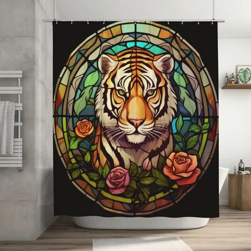 YLATY4067 - Cortina de ducha de tigre para baño, diseño de hojas de flores, arte de vidrio, bohemio, tela abstracta, moderna, impermeable,