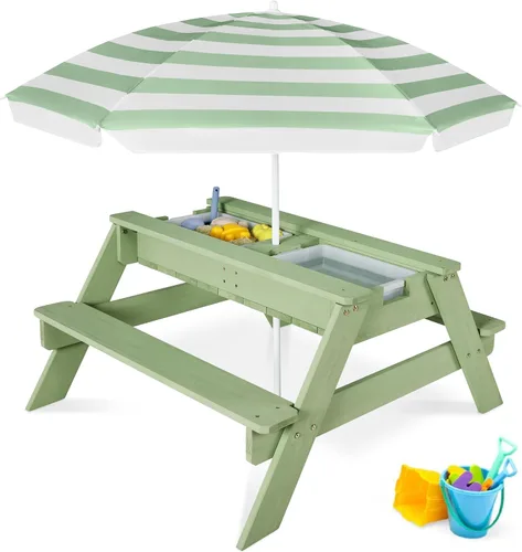 Miniatura 13 de Best Choice Products Mesa de arena y agua 3 en 1 para niños, mesa de picnic convertible de madera para exteriores con paraguas, 2 bandejas, parte