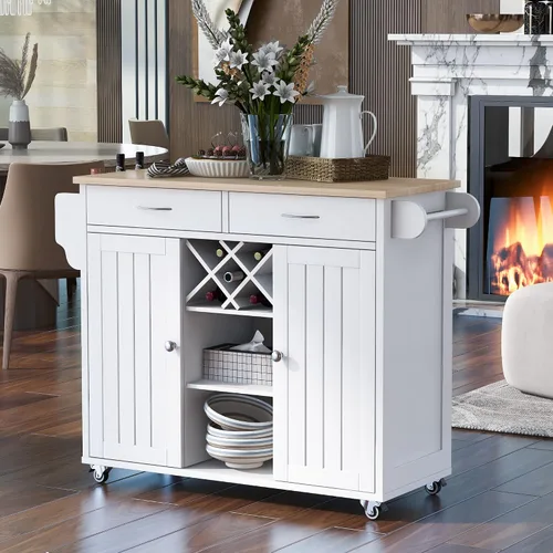 Miniatura 2 de Carrito de isla de cocina, moderno carrito móvil de isla de cocina con 2 armarios de almacenamiento y 4 ruedas de bloqueo, estante de vino, 2