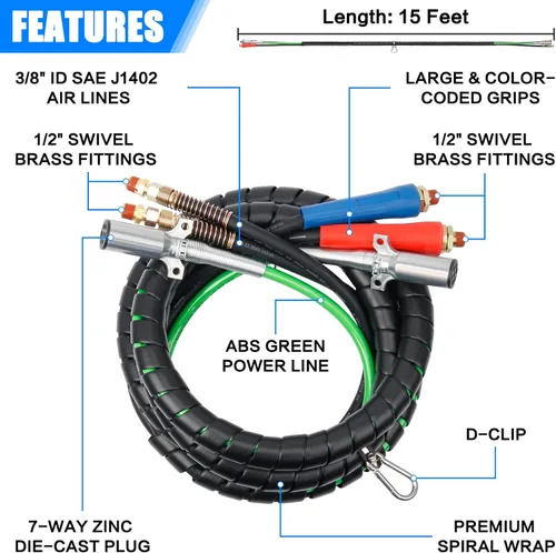 Miniatura 2 de Kit de manguera de aire ABS y energía 3 en 1 de 15 pies, envuelve línea eléctrica de 7 vías líneas de aire de goma para remolque de tractor semi