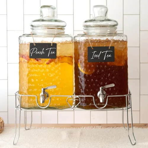 Miniatura 9 de Ilyapa Dispensador de bebidas de vidrio para fiestas - paquete de 3, dispensador triple de bebidas múltiples de 1 galón con soporte, tapas de madera