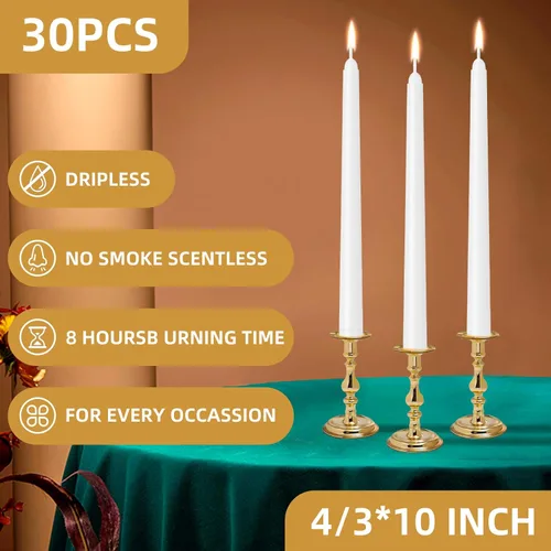 Miniatura 2 de Paquete de 30 velas cónicas blancas - 10 pulgadas sin goteo, sin humo y sin perfume Larga duración 8 horas Velas altas vertidas a mano Velas