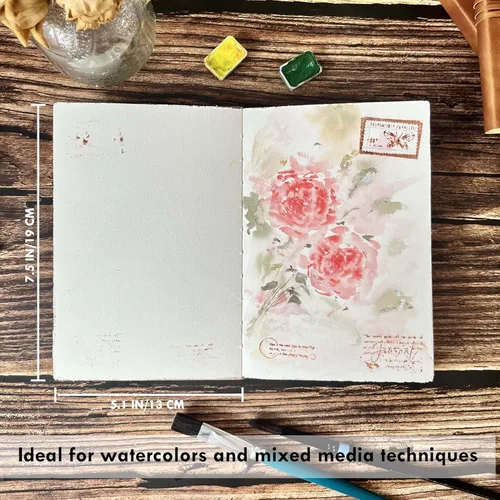 Miniatura 5 de tumuarta Cuaderno de bocetos de acuarela, 7.5x5, 140 LB, 300GSM, papel 100% algodón, prensado en frío, 24 hojas, 48 páginas, diario de acuarela