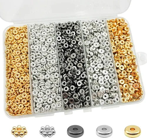 Miniatura 11 de Cuentas espaciadoras planas redondas de 6mm, 1560 piezas (360 flores), Oro, Plata, Negro, en forma de flor, Plástico (recubierto de cobre)