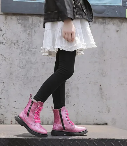 Miniatura 6 de DADAWEN Botas de tobillo con purpurina para niños y niñas, zapatos de combate impermeables con cremallera lateral para niños pequeños, niños grandes