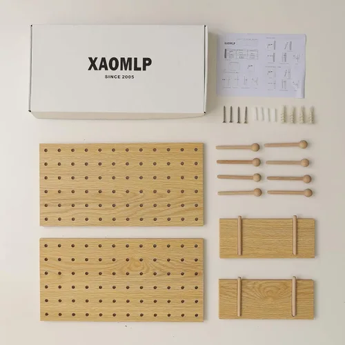 Miniatura 8 de Tablero de Clavijas de Madera Modular para Exhibición Organización Almacenamiento Ganchos de Pared Estante (Color: Roble)