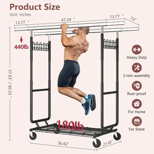 Miniatura 9 de Hoctieon Perchero de doble varilla de montaje en 2 minutos, estante resistente para ropa con ruedas, plegable para uso comercial, barra extensible