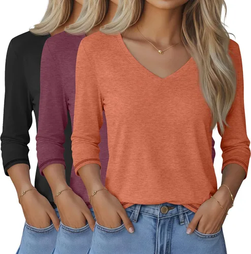 Miniatura 23 de Ficerd Paquete de 3 camisetas de manga 3/4 para mujer, cuello en V, blusas holgadas, blusas casuales, ropa de moda 2026