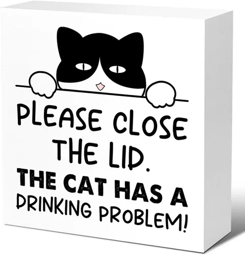 Miniatura 14 de LVQHI Divertidos carteles de madera para baño, decoración de escritorio de baño, decoración de escritorio de baño, cierre la tapa, el gato tiene un