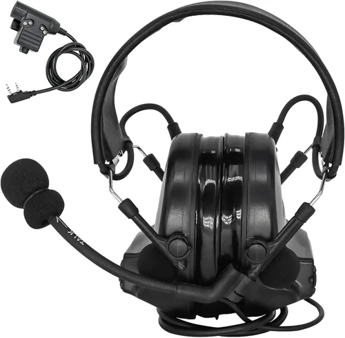 Auriculares tácticos Hearangel, reducción de ruido con captación de sonido y PTT Ken de 2 pines para actividades de airsoft Negro
