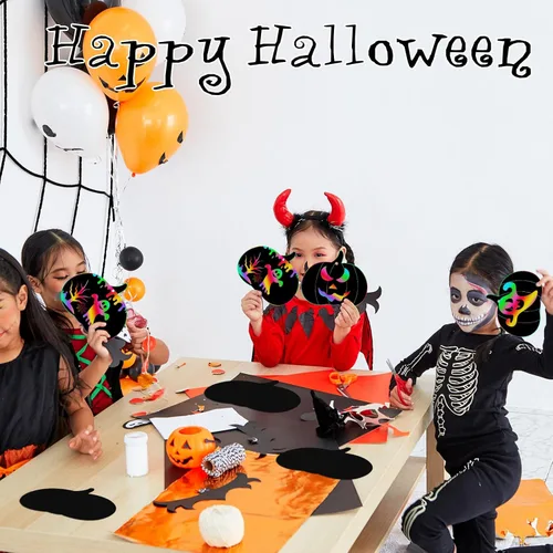 Miniatura 6 de Jenaai Juego de 150 manualidades de papel de Halloween para rascar, 50 tarjetas de rascar de calabaza, 50 palos de madera, 150 cintas para arte
