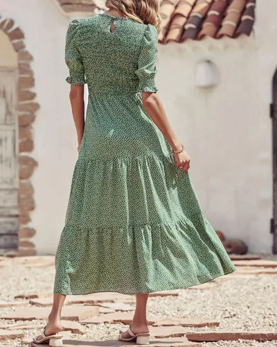 Miniatura 17 de BTFBM Vestidos para mujer, cuello redondo, casual, de verano, con volantes, manga corta, bohemio, con niveles, fruncido, largo, con estampado floral