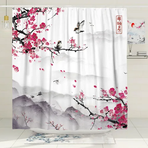Miniatura 20 de Cortina de ducha japonesa Fuji Mountain de cerezo asiático, cortina de ducha con diseño de anime, decoración de baño, tela de poliéster, 62 x 72 Azul