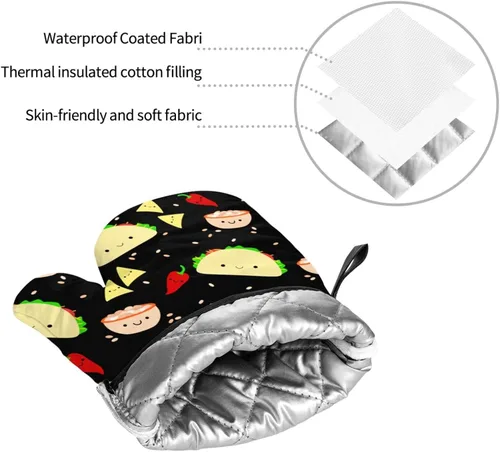 Miniatura 4 de Juego de 4 manoplas de horno y soportes para ollas con estampado de tacos Kawaii, guantes resistentes al calor para cocina, hornear, asar a la Lindo