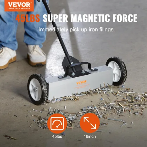 Miniatura 2 de VEVOR Barridor magnético rodante de 45 libras con ruedas, escoba de recogida magnética tipo empuje, barrido de césped con imán grande de 18