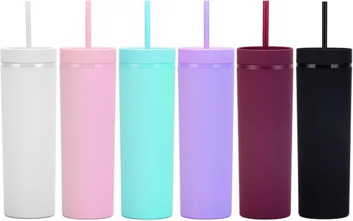 Miniatura 8 de Vasos negros mate con tapas y popotes. Vasos delgados de 16 onzas a granel. Vasos acrílicos de plástico de doble pared pastel para batidos de café