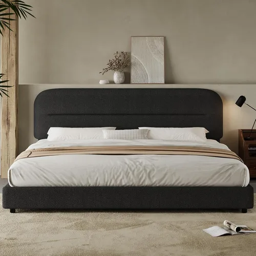 Miniatura 23 de HOMBCK - Base de cama tapizada de tejido bouclé con cabecera suave con diseño de esquinas redondeadas, listones de madera, no requiere somier, fácil