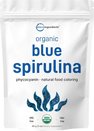 Polvo de espirulina azul orgánica (extracto de ficocianina), 60 porciones, sin olor a pescado, proteína 100% vegana de algas azul-verdes, colorante