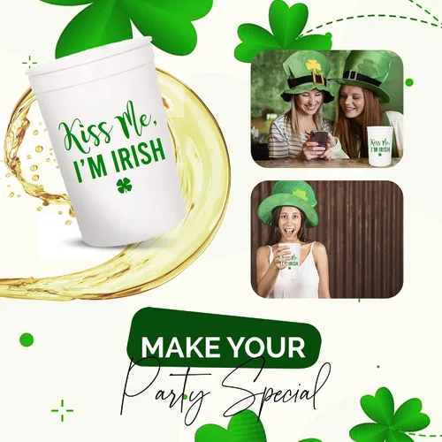 Miniatura 5 de Kiss Me I'm Irish - Juego de tazas de plástico para el día de San Patricio, 12-16 onzas para recuerdos de fiesta y decoraciones temáticas de trébol