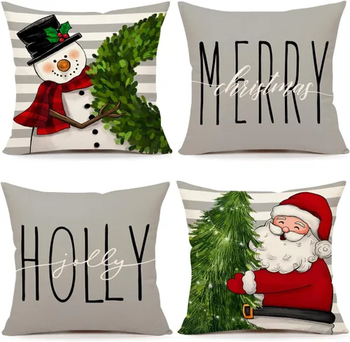Miniatura 8 de 4TH Emotion Fundas de Almohada Rojas de Navidad 16x16 pulgadas Juego de 4 Decoraciones Estilo Granja Muñeco de Nieve Corona Santa Claus Árbol Feliz