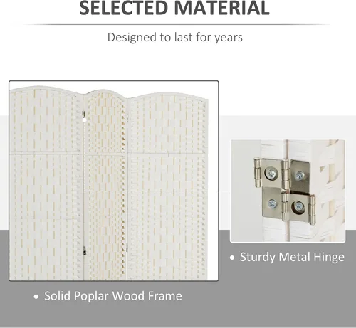 Miniatura 4 de HOMCOM Divisor de habitación, pantalla de privacidad plegable de 3 paneles, 6 pies de alto, divisor de pared de tejido de mimbre portátil para Blanco