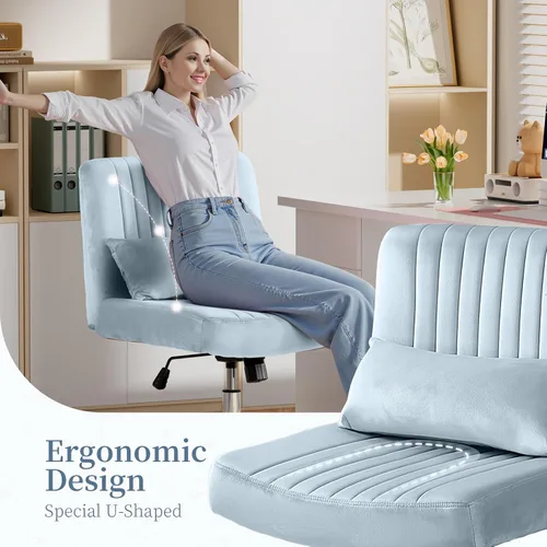 Miniatura 7 de Silla de oficina cruzada con ruedas, silla de escritorio de terciopelo con patas cruzadas para dormitorio, silla de computadora sin brazos, moderna