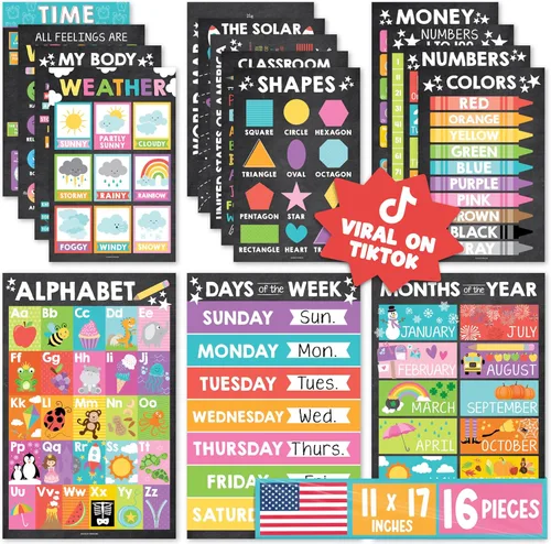 Hadley Designs 16 pósteres educativos para decoración del aula, carteles educativos de pizarra para niños de 1 a 3 años, póster de aprendizaje para