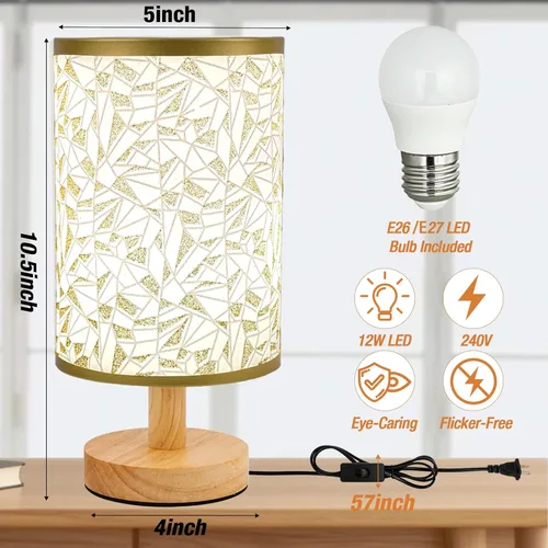 Miniatura 3 de Lámpara de escritorio con bombilla LED incluida, pequeña lámpara de mesita de noche enchufable, base de madera clásica con pantalla de tela de lino