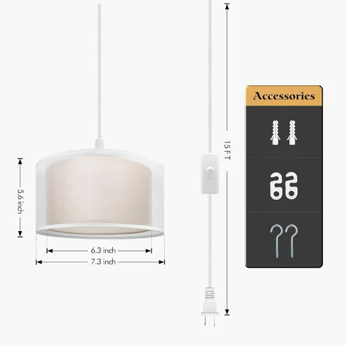 Miniatura 5 de Lámpara Colgante Enchufable, Luces Colgantes con Cable Blanco de 15 Pies con Cable Enchufable, Luz Colgante con Interruptor de Encendido/Apagado