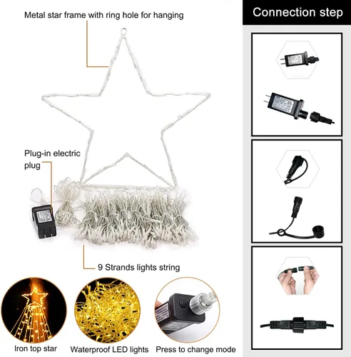 Miniatura 7 de Luces de Cadena de Estrella de Navidad, 320 Luces LED de Cascada para Árbol con Estrella Superior de 13", 8 Modos de Iluminación para Interiores