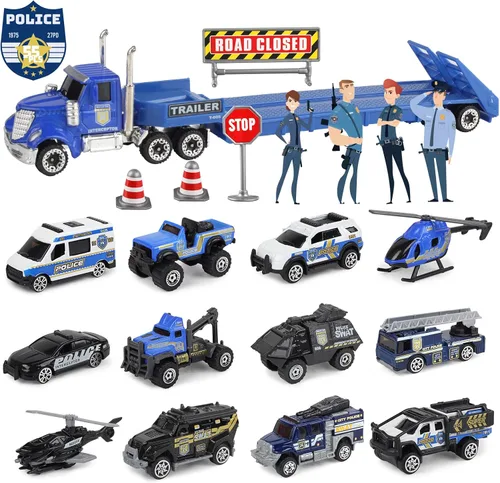 Oriate Diecast Police Rescue City S.W.A.T. Juego de juguetes de coche con patrulla de remolque resistente, 13 piezas de aleación mini vehículos de
