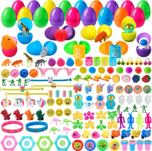 JOYIN 144 huevos de Pascua precargados con juguetes y calcomanías en el interior, juguetes de peluche para la caza de huevos de Pascua, rellenos de