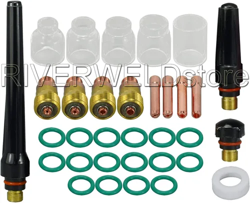 Miniatura 17 de RIVERWELD TIG Stubby - Cuerpos de pinza de lente de gas 17GL116 10N23S 1/16 "17GL332 10N24S 3/32 pulgadas, boquilla de cuarzo transparente #10 5/8
