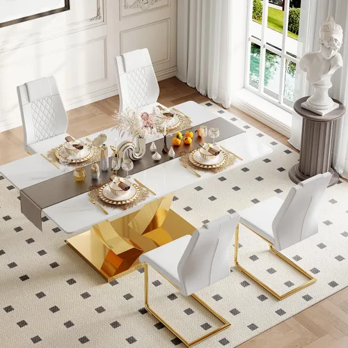 Miniatura 38 de Juego de mesa de comedor para 4, mesa de comedor de mármol sintético de 63 pulgadas con patas y base de acero inoxidable, sillas acolchadas