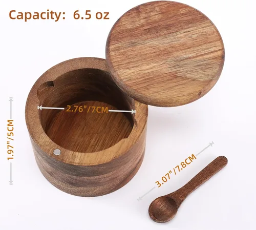 Miniatura 3 de Cuenco de Madera de Acacia para Sal y Pimienta, Salero de Madera Natural y Caja de Almacenamiento de Especias con Cuchara Incorporada y Tapa