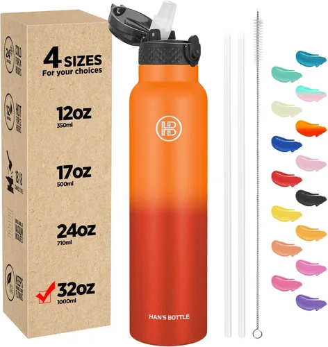 Miniatura 26 de Han's Bottle - Botella de agua para niños con tapa con pajilla - Vaso reutilizable de acero inoxidable aislado para niñas, niños, taza termo, 17