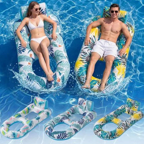 Miniatura 10 de Paquete de 2 flotadores inflables de alta resistencia para piscina, flotadores gigantes de piscina tamaño adulto con respaldo y reposapiés, balsas