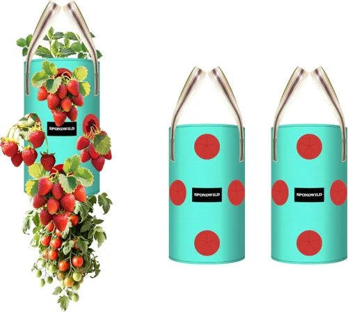 Miniatura 13 de Paquete de 3 bolsas colgantes de fresas, bolsas de cultivo colgantes de 1 galón con agujero de plantación inferior, maceta de fresa de polietileno