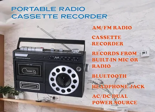 Miniatura 2 de HANNLOMAX HX-601K Grabadora portátil de casete de radio AM/FM con Bluetooth, grabaciones desde micrófono o radio incorporado, conector para Negro