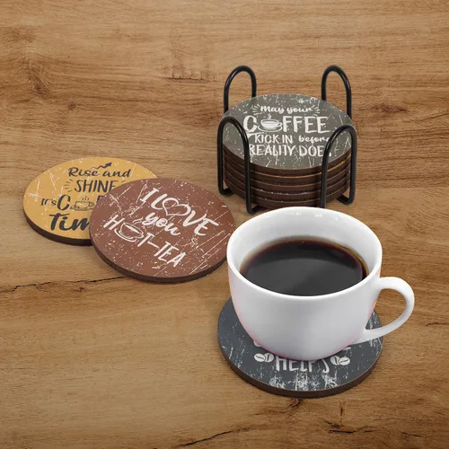 Miniatura 5 de Divertidos posavasos para mesa auxiliar, juego de 8 con soporte, base de corcho absorbente para protección de mesa, hechos de madera de ingeniería