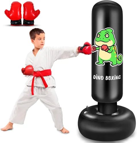 Saco de boxeo inflable para niños, saco de boxeo para niños de 65 pulgadas con guantes para niños y niñas, juego de boxeo para practicar karate,