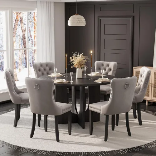 Miniatura 13 de Mesa de comedor redonda de 47 pulgadas para juego de mesa de cocina rústica de 6,7 piezas, mesa de comedor de granja, sillas negras de alta gama