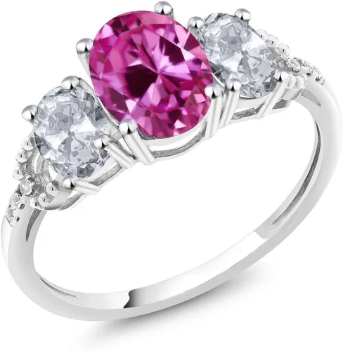 Miniatura 57 de Anillo de compromiso ovalado de oro blanco de 10 quilates con piedra natal y topacio blanco de 3 piedras con detalles de diamante Centro de 0.315