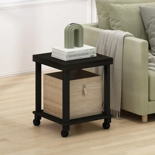Miniatura 2 de Furinno Turn-N-Tube Mesa auxiliar, mesa auxiliar de mesa de 2 niveles gruesos con ruedas, mesa de noche de montaje sin herramientas, mesa de noche