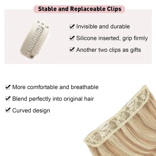 Miniatura 4 de Tinashe Extensiones de cabello humano real con alambre, lacio, 12 pulgadas, 2.47 onzas, rubio claro, con reflejos rubio dorado, extensiones